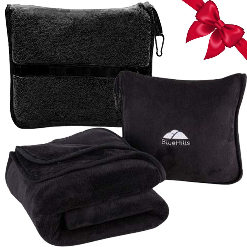 BlueHills Premium Soft Travel Blanket Pillow Airplane Blanket Packed in Soft Bag Pillowcase with Luggage Sleeve Compact Pack Large Traveling Packable Lightweight Gifts Black T008 - Image 1